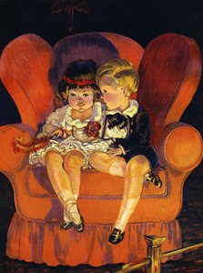 Jongen en meisje zittend in fauteuil 1923