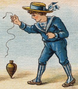 Jongen die met de tol speelt. Gravure in "Alphabet de ma petite fille". Bernardin-Bechet en Fils, boekhandel-uitgevers, Parijs, rond 1895. Onbreekbaar album op canvas. Bibliothèque des Bébés. door Unbekannt