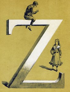 Jongen zittend op de letter Z en meisje staand onder hem. Geïllustreerd alfabet. Beeldvorming herenigd in Jarville-Nancy, begin 20e eeuw. Lithografie op een bistre achtergrond