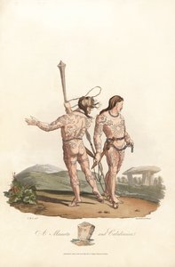 Britse antiquiteit (pre-Romeinse periode, voor 1e eeuw): Catini en Caledonische inwoners (Schotland) van de noordelijke vlaktes en bossen van Groot-Brittannië, met tatoeages bedekt - Kleurengraveerwerk door Robert Havell (1793-1878) naar een illustratie do