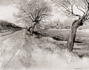 Kathedraal van Canterbury, vanuit het zuidwesten, bij zonsondergang, uit The Century Magazine, gepubliceerd 1887 (gravure) door Unbekannt