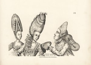 Karikatuur van de mode van de late 18e eeuw: vrouwen met hoge pruiken en een tuin van bloemen in haar boezem, en macaroni met een hoge pruik en een extravagante massa haar vastgebonden aan de achterkant. Gravure naar een satirische illustratie van Timothy  door Unbekannter Künstler