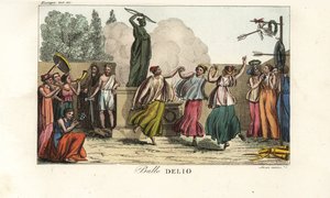 Ceremoniële dans voor Artemis of Diana de Jageres in een heilig bos op het eiland Delos door Unbekannt