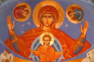 Fresco op het koorgewelf in Pedoulas Orthodoxe kerk, Maagd en Kind