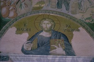 Christus in Majesteit, mozaïek boven de deur van de narthex van de Byzantijnse kerk van St. Saviour van de Chora door Unbekannt