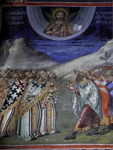 Christus in glorie die de tijdelijke en spirituele krachten beheerst Byzantijnse fresco uit het Agios Ioannis Lampadistis klooster, Sint-Johannes Lampadistis 11e eeuw Cyprus Geschilderde kerken UNESCO-site Troodos, Cyprus door William M. Timlin
