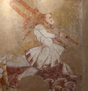 Kerk (Église Saint-Martin). Interieur. Muurschilderingen (fresco). Noordmuur van het koor. (detail) Simon van Cyrene draagt het kruis. 12e eeuw. door Unbekannt