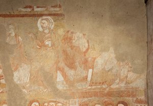 Kerk (Église Saint-Martin). Interieur. Muurschilderingen (fresco). Westmuur van het schip. Detail. Apostelen. 12e eeuw door Unbekannt