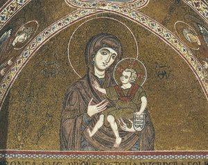 Close-up van een muurschildering van de Maagd Maria, Monreale, Sicilië, Italië