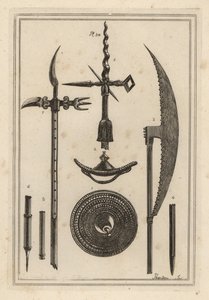 Holle rondel 1,2, strijdbijl 3,4, polbijl 5,6, en curieus oud wapen gebruikt door de Engelsen tegen de Schotten 7,8