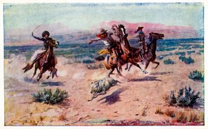 Cowboys te paard vangen een wolf met een lasso door Unbekannter Künstler