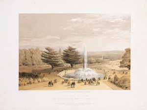 Crystal Palace, na de Grote Tentoonstelling De fontein en het park vanaf de terrasstappen van het Crystal Palace, circa 1855