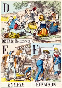 D E F : Diner van de maaiers, Stal, Hooien - "Alfabet van de boerderij" eind 19e eeuw (gravure)