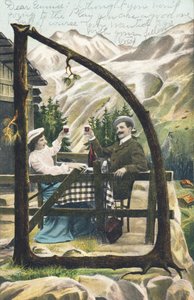 D : Een man en een vrouw zitten aan een tafel voor een berghut en proosten met een glas wijn - Alphabet personages Ref Th. E., L. Theochrom - Serie 994. Theodor Eisman, uitgever, Leipzig