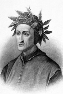 Dante Alighieri (1265-1321) Italiaanse schrijver (Goddelijke Komedie), hier gekroond met laurier, gravure door Unbekannter Künstler