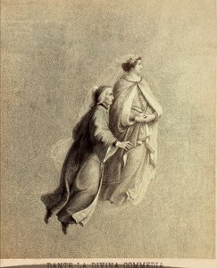 Dante en Beatrice vliegen door het firmament van het Paradijs. Illustratie van Canto I van Paradiso van De Goddelijke Komedie van Dante Alighieri. Werk van Francesco Scaramuzza opgedragen aan de gemeente Florence door Unbekannter Künstler