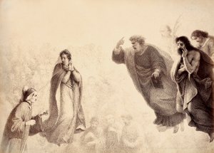 Dante en Beatrice voor de heldere geesten van de apostelen Petrus, Jacobus en Johannes. Petrus heeft zijn arm opgeheven in een teken van woede. Illustratie van Canto XXVII in Paradiso van De Goddelijke Komedie door Dante Alighieri. Werk van Francesco Scara door Unbekannter Künstler