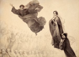 Dante en Beatrice ontmoeten St. Peter. Illustratie van Canto XXIV in Paradiso van De Goddelijke Komedie door Dante Alighieri. Werk van Francesco Scaramuzza gewijd aan de gemeente Florence. door Unbekannter Künstler