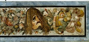 Decoratief paneel met een guirlande van maskers, gebladerte en fruit uit het Huis van de Faun, Pompeii, 2e eeuw v.Chr.
