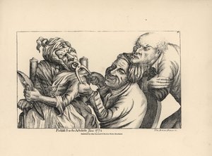 Tandarts lachend terwijl hij een slechte tand trekt met een tang uit de mond van een oude vrouw. Kopergravure naar een satirische illustratie van Timothy Bobbin (John Collier) (1708-1786) uit 