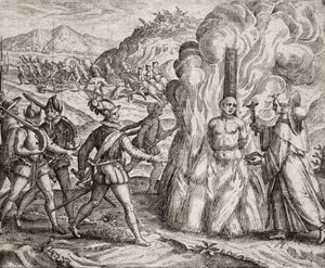 Beschrijving van de misdaden begaan tegen de Indianen door de Spaanse kolonisten - Conquistadores verbranden een Indiaan die weigerde zich tot het katholieke geloof te bekeren. Religieus van de Franciscaner Orde (gravure)