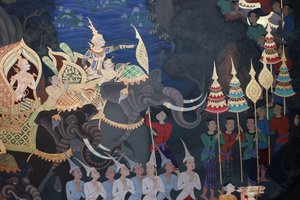 Detail van een muurschildering in de Uposatha (heiligdom) van de Buddhapadipa tempel, Wimbledon, Groot-Brittannië