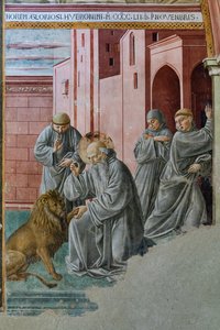 Detail met St. Jerome die de doorn uit de poot van de leeuw haalt, Kapel van St. Jerome