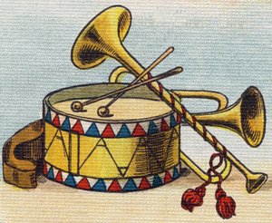 Trommel en Trompet. Gravure in "Alphabet de ma petite fille". Bernardin-Bechet en Fils, boekhandel-uitgevers, Parijs, rond 1895. Onbreekbaar album op canvas. Bibliotheek des Bebes. 12 pagina