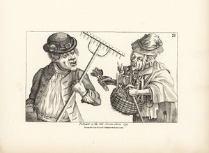 Dronken boer Jones koopt de hele voorraad houten gereedschap van de oude schele Nan. Gravure naar een satirische illustratie van Timothy Bobbin (John Collier) uit Human Passions Delineated, John Haywood, Manchester door Unbekannter Künstler