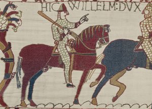Hertog Willem spoort zijn troepen aan zich voor te bereiden op de strijd tegen het Engelse leger, Bayeux Tapestry (wol borduurwerk op linnen) door Unbekannt