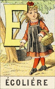 E : Schoolmeisje - Gravure uit ABCD van kleine meisjes. Pellerin & Cie, drukker-uitgever, Epinal, circa 1890. Serie A. Afmetingen: 19 x 13,5 cm door Unbekannt