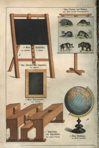 Onderwijs: het schilderij, de wandtafel, de banken, de lei, de wereldbol van de school. Plaat uit een woordenboek voor kinderen Frans-Duits door Unbekannt