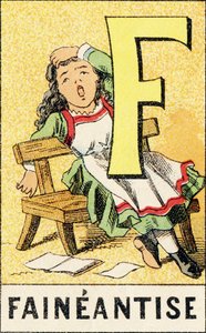 F : Luiheid - Gravure uit ABCD van kleine meisjes. Pellerin & Cie, drukker-uitgever, Epinal, circa 1890. Serie A. Afmetingen: 19 x 13,5 cm