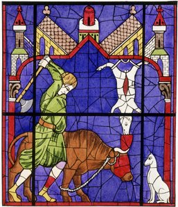Facsimile van een glas-in-loodraam van de Notre-Dame de Chartres kathedraal die een slager afbeeldt door Unbekannter Künstler