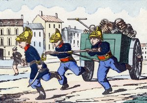 Brandweerlieden. Gravure in "Alphabet militaire enfantin". Imagery van Pont-a-Mousson, circa 1890.