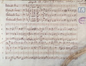 Eerste pagina van de partituur voor vier cello