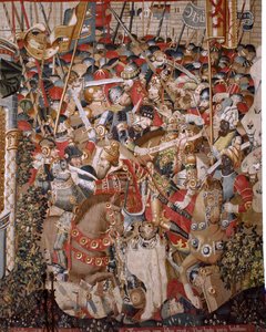 Vlaamse wandtapijt. Serie De Trojaanse Oorlog. De dood van Achilles. Achtste wandtapijt in de serie. Model Coëtivy Meester (Henry of Conrard de Vulcop). Fabriek Tournai werkplaatsen. Ca 1470. Stof Wol en zijde, 6/7 schering per cm. Afmeting 482 x 942 cm door Unbekannt