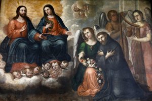 Fray Pedro Gocial museum in het klooster van San Francisco, Quito, Ecuador. Schilderij dat Jezus en Maria toont die aan San Francisco verschijnen (fotografie)