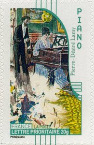 Franse postzegel met een vrouwelijke pianist, naar een schilderij van de Franse kunstenaar Pierre-Désiré Lamy door Unbekannt