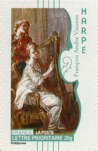 Franse postzegel met een vrouw die harp speelt, naar een schilderij van de Franse kunstenaar François-André Vincent door Unbekannt