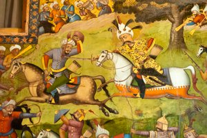 Fresco; Shah Ismail op een wit paard in de slag bij Taher Abad; 1510; tegen de Oezbeken in Merv; Chehel Sotoun; Veertig Zuilen Paleis; Isfahan; Iran; Azië