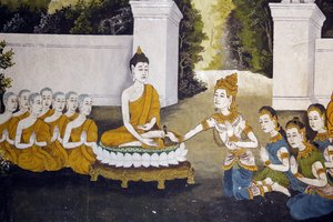 Fresco met een scène uit het leven van de Boeddha in Wat Phra Doi Suthep, Chiang Mai. Boeddha ontvangt aalmoezen. Thailand door Unbekannt