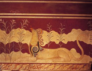 Fresco op een muur, Troonzaal, Paleis van Minos, Knossos, Kreta, Griekenland