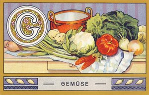 G: Groente - Alphabet Palmin. Serie chromolithografieën uitgegeven door H. Schlinck & Cie, Hamburg. Reclame voor Palmin fijnste kokosvet. Afmetingen: 7 x 11 cm door William M. Timlin