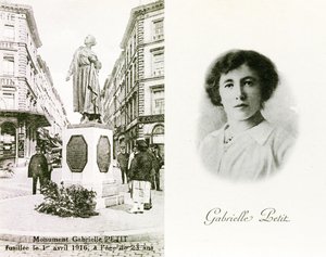 Gabrielle Petit en het monument ter ere van haar in Brussel, herdenkingskaarten, ca. 1925 (litho)