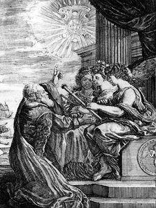 Galileo presenteert zijn telescoop aan de Muzen en wijst op een heliocentrisch systeem van het universum