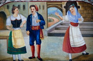 Galant tafereel met verklede personages, schilderij op houten paneel, Siciliaans handwerk, Sicilië (detail)