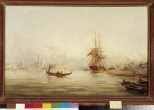 Galeien en gondels in het bassin (Venetië?) Schilderij door Paul Bistagne (1850-1886)