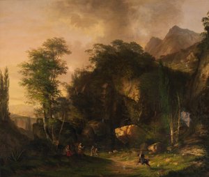 Berglandschap met vechtende ridders