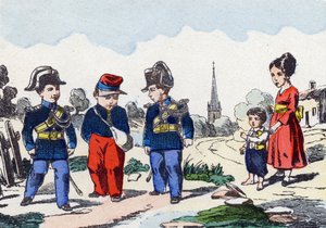 Gendarmes. Gravure in "Alphabet militaire enfantin". Imagery van Pont-a-Mousson, circa 1890.